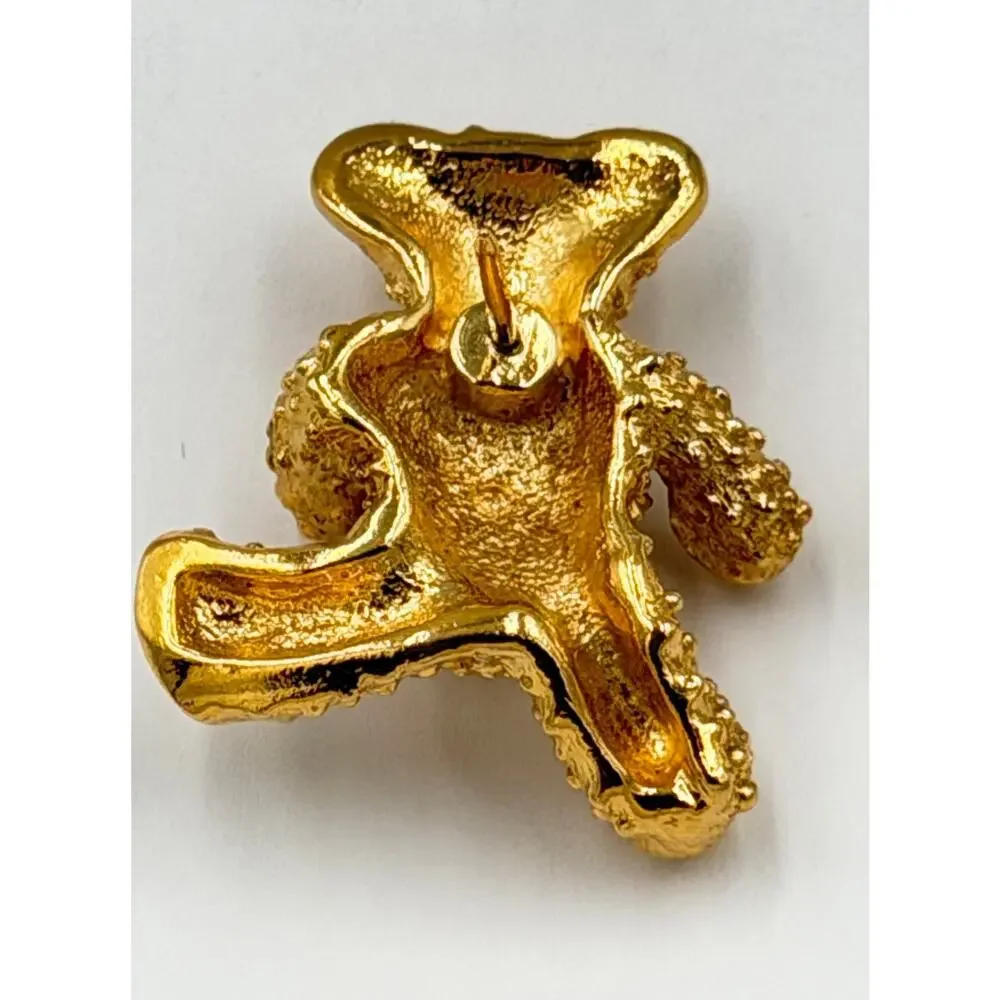 Vintage Avon Teddy Bear Pin Brooch, Gold Tone Metal, Red Enamel Bow
